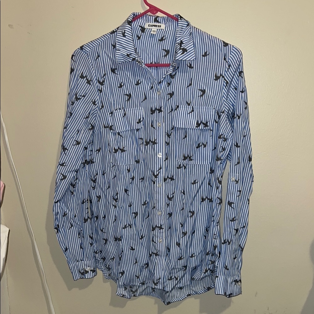 Express Blue and White Striped Bird Print Button Down Shirt Blouse - Picture 2 of 7